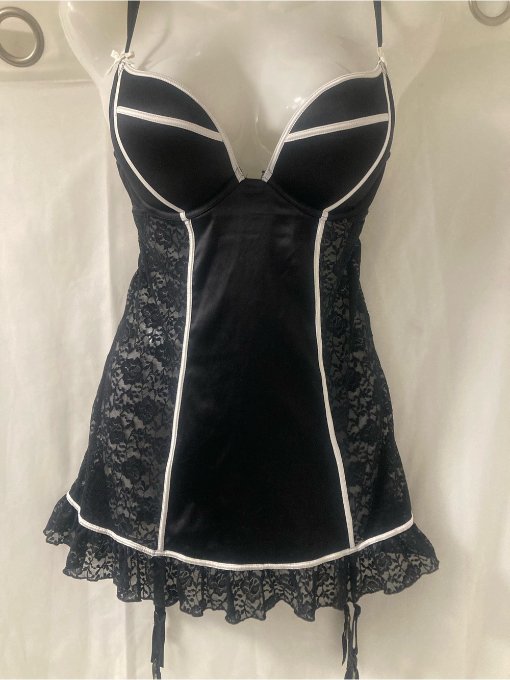 La Senza Black Satin Lace Chemise Garter Babydoll Y2K S/P
